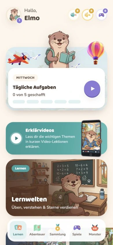 Die Lernübersicht mit täglichen Aufgaben, Lernwelten und weiteren Bereichen.