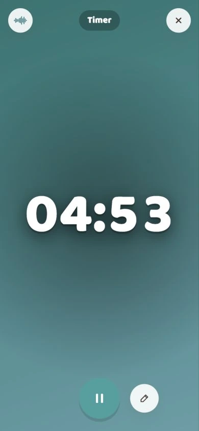 Aktiver Timer mit großer Zeitanzeige und Bedienelementen.