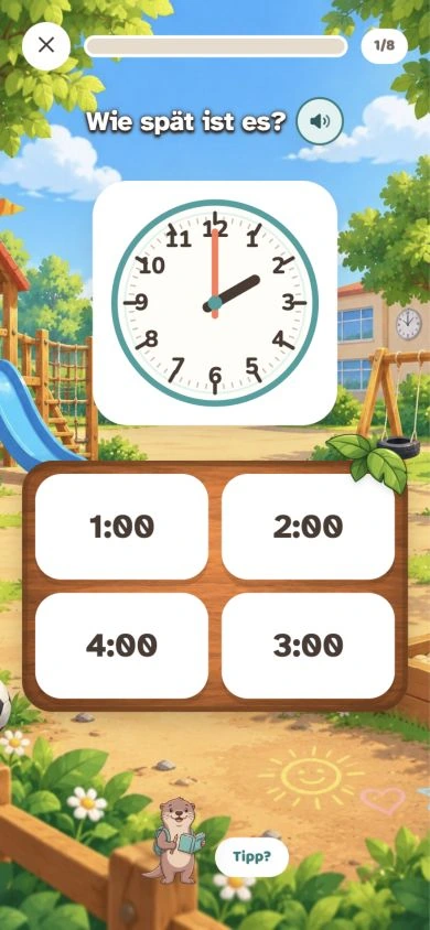 Uhrzeit-Aufgabe: Eine Zeigeruhr zeigt zwei Uhr.