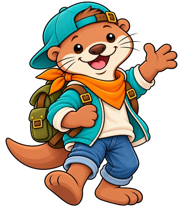 Otter Elmo mit türkisfarbener Kappe und Rucksack winkt dir zu.